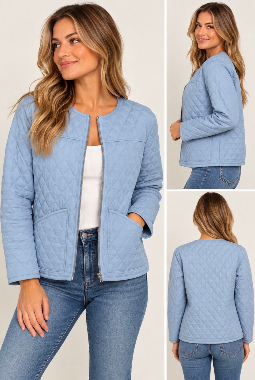 Mo-Ka Women’s Small Light Blue Quilted Jacket Zip Front Collarless NWT